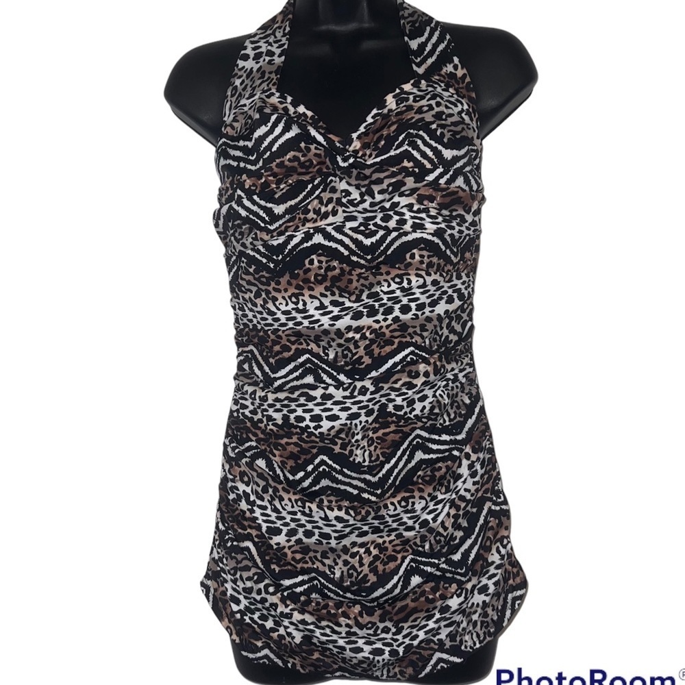 NWOT Leopard Print Halter Neck Ruched One Piece Bathing Suit Swimsuit Size 10